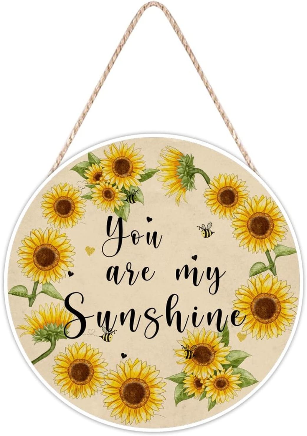 Farmhouse Front Door Hanger Sunflower Wreath Bee Wood Sign for Kids Girls Women 10x10in