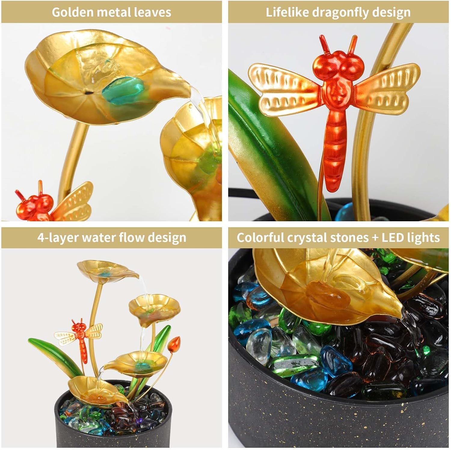 Bocnity 4 Tier Lotus Fountain with LED Lights and Crystals