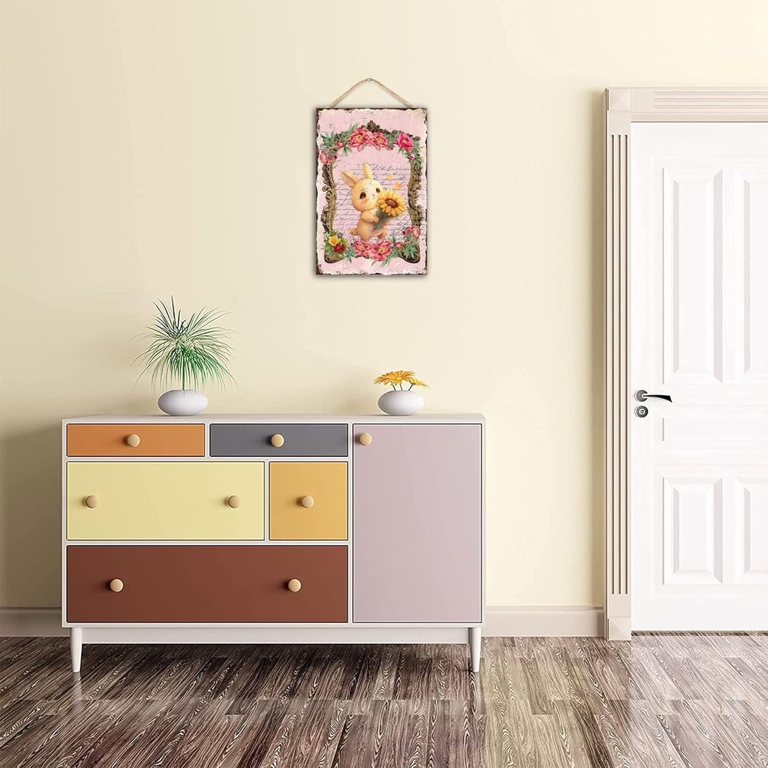 Welcome Easter Bunny Rabbit Door Sign Vintage Floral Wreath Wood Decor