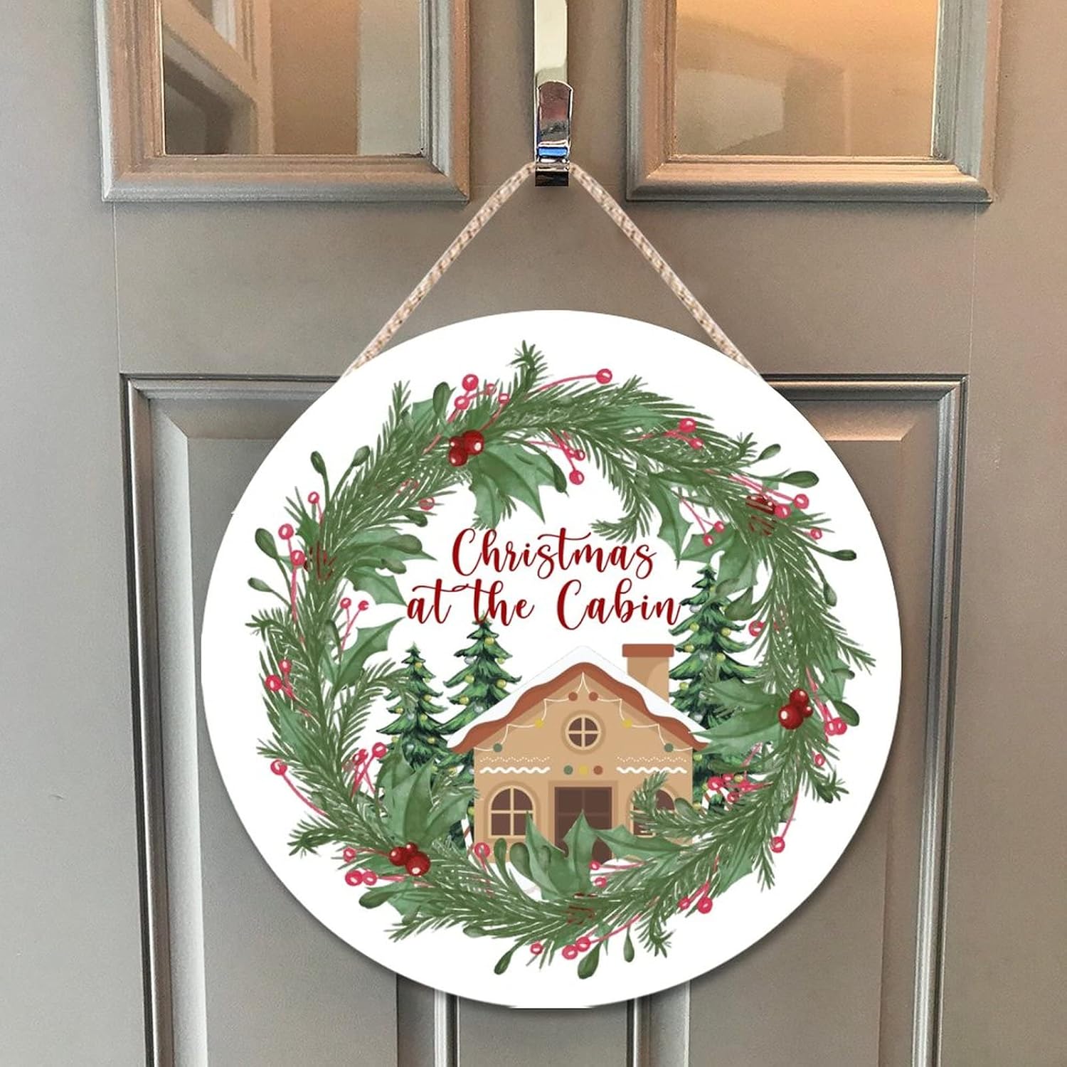 Christmas Cabin Holly Wreath Wood Door Hanger 10x10in
