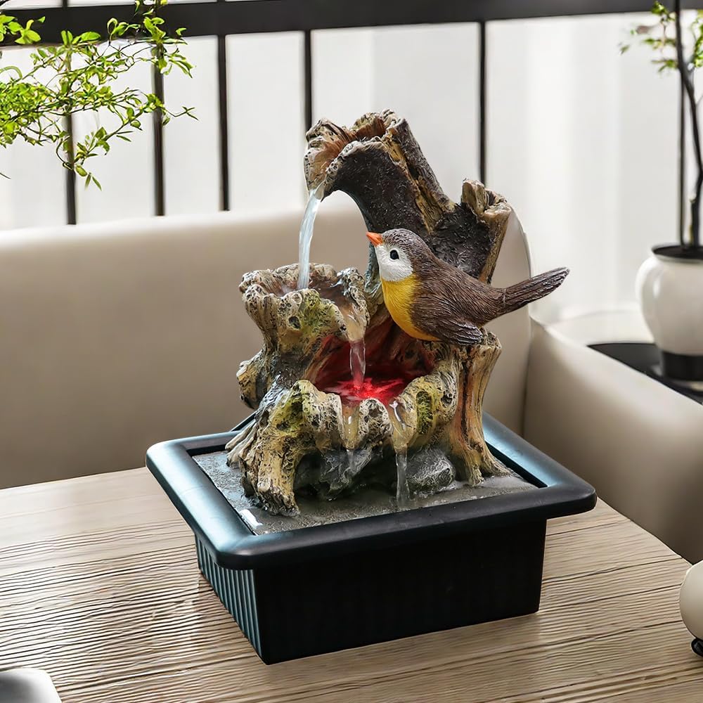 Rock Cascading Tabletop Water Fountain with LED Light Yellow Bird