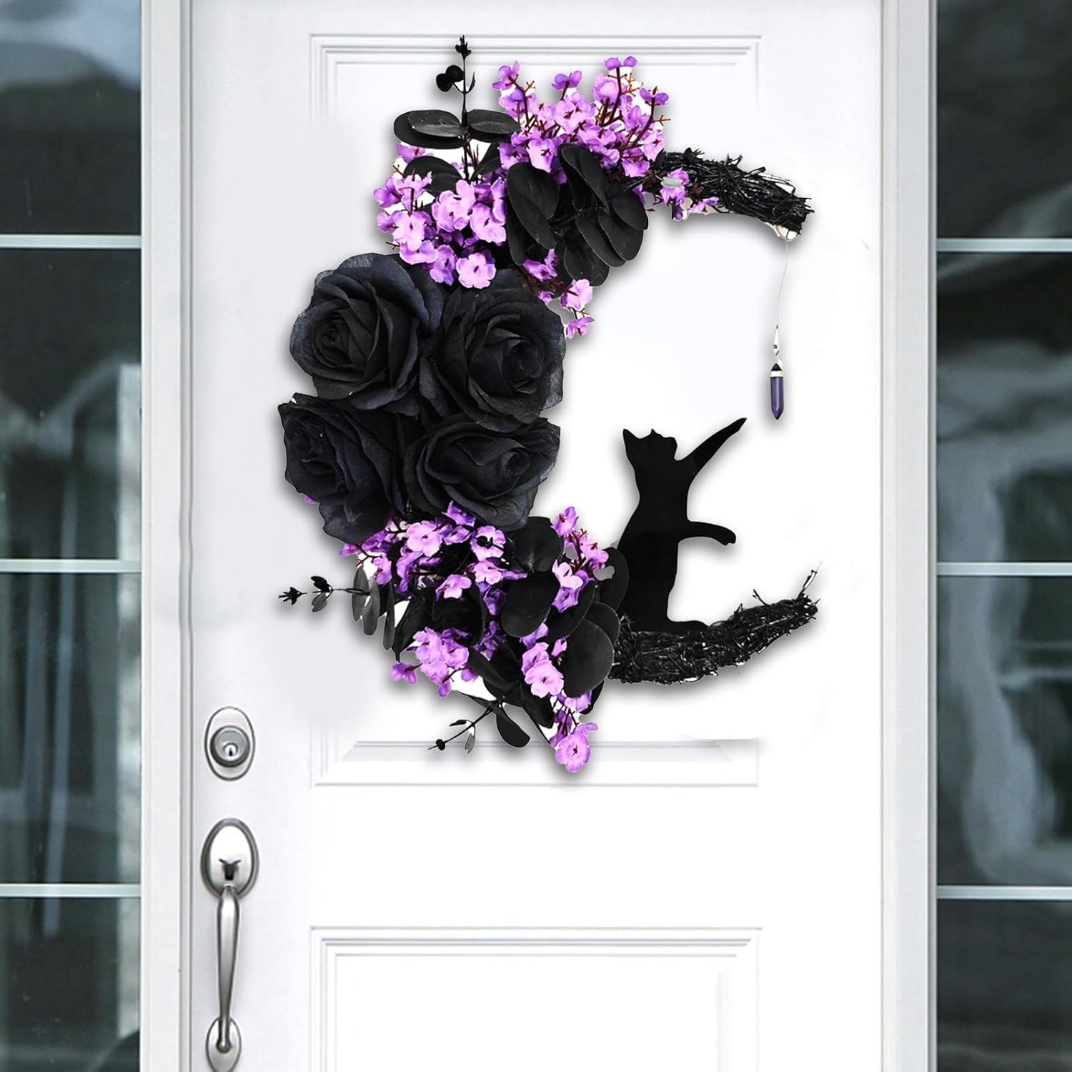 Halloween Wreath with Black Cat and Purple Roses
