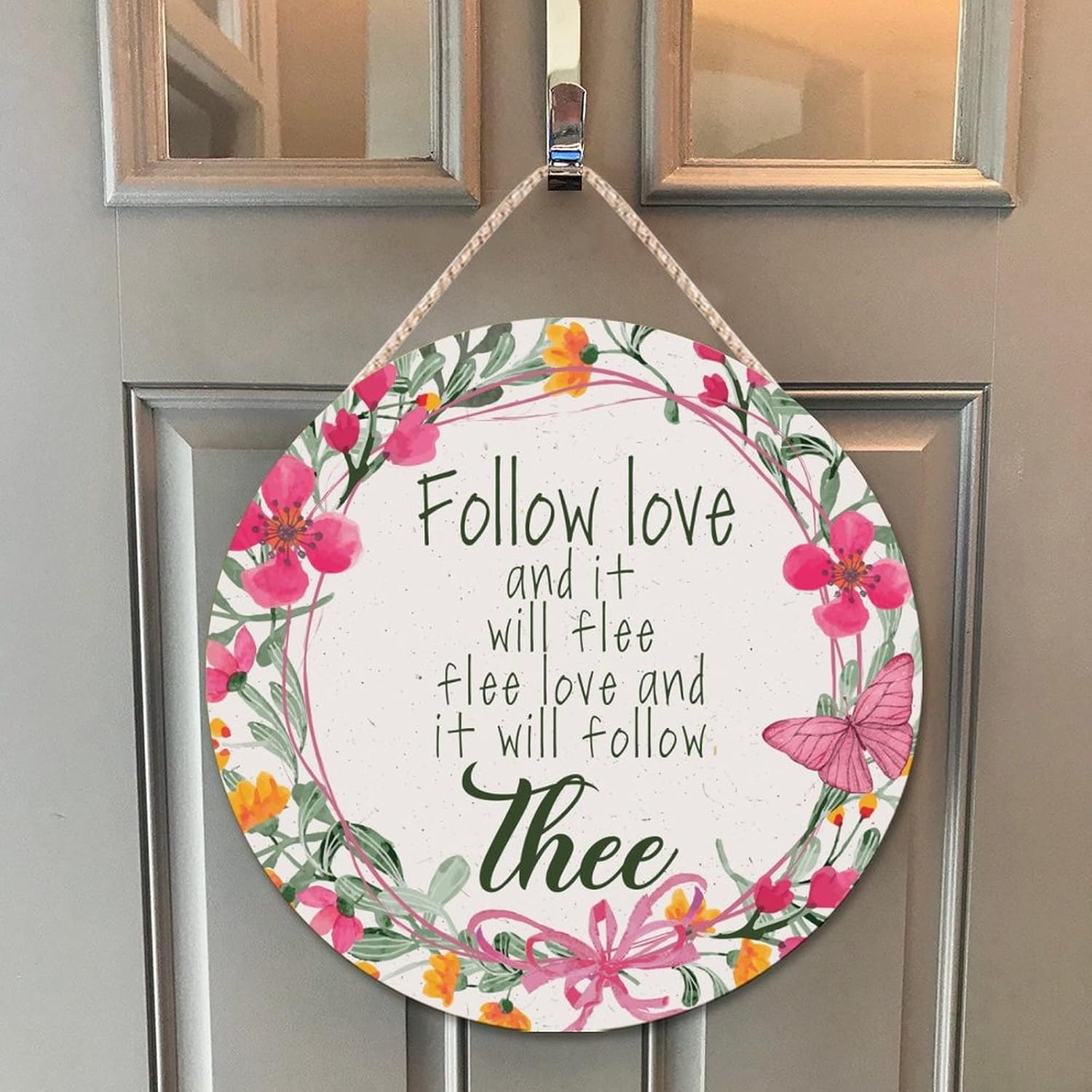 Farmhouse Front Door Hanger Vintage Floral Wreath Wood Sign