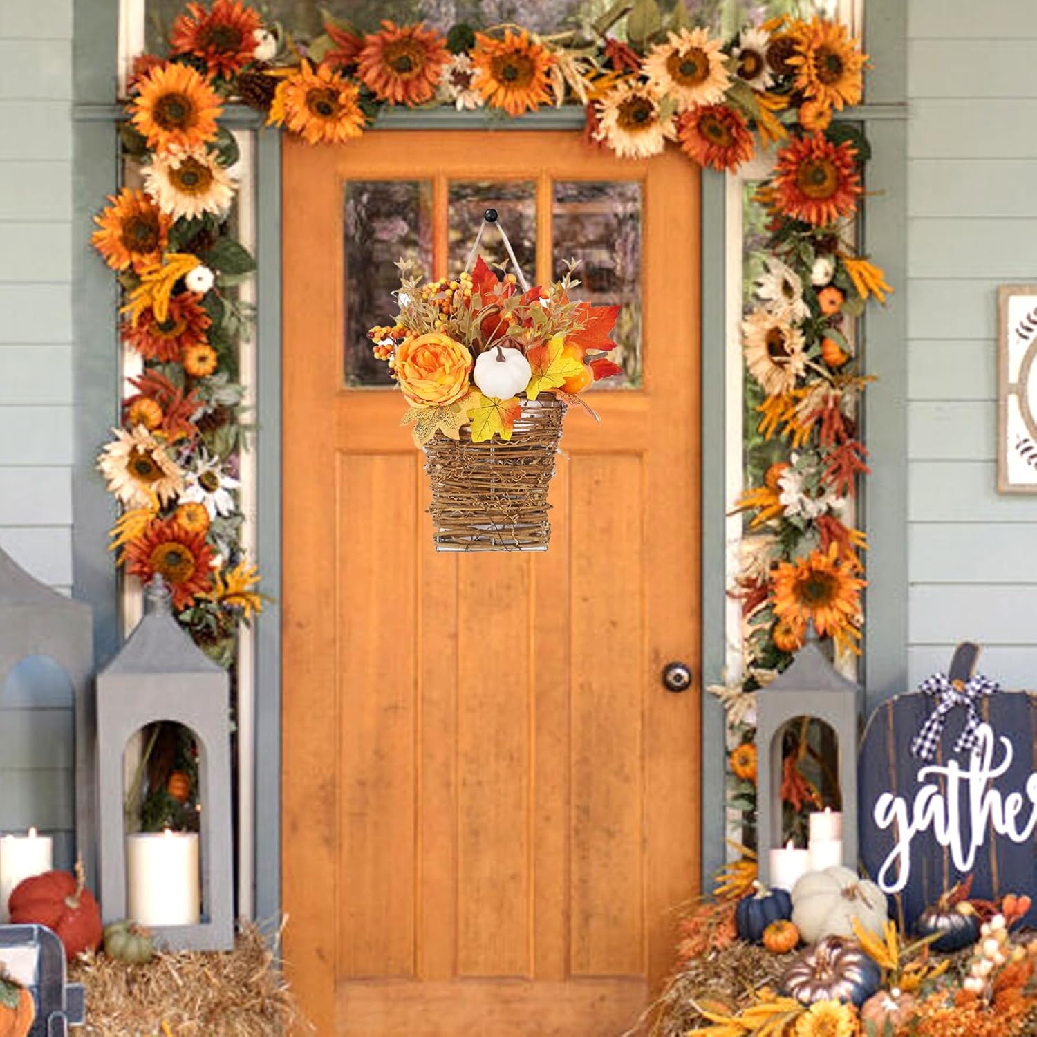 Autumn Door Wreath with Flowers and Decorative Elements