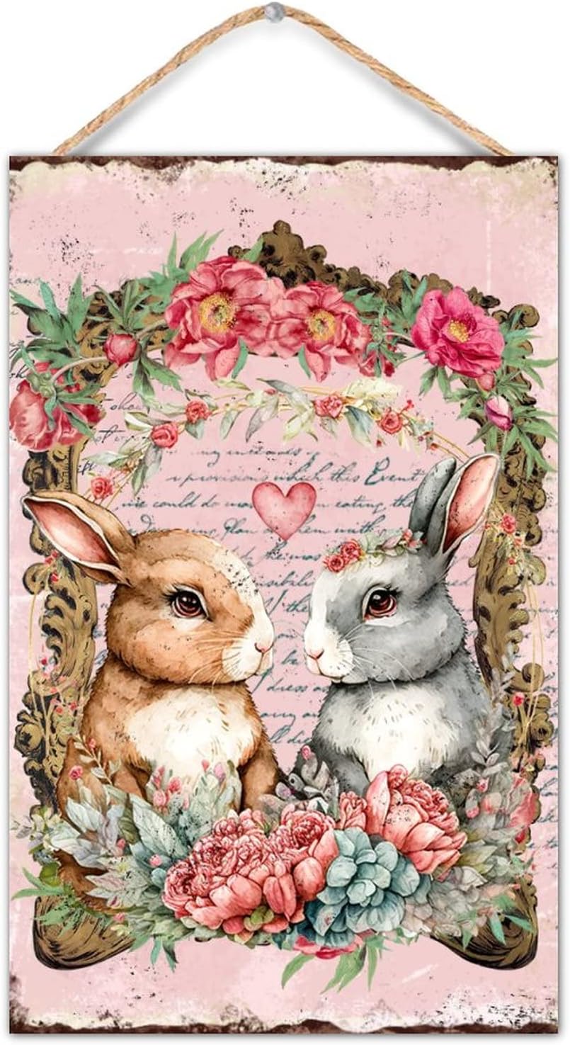 Easter Bunny Welcome Sign Front Door Decor 10x16 Inch