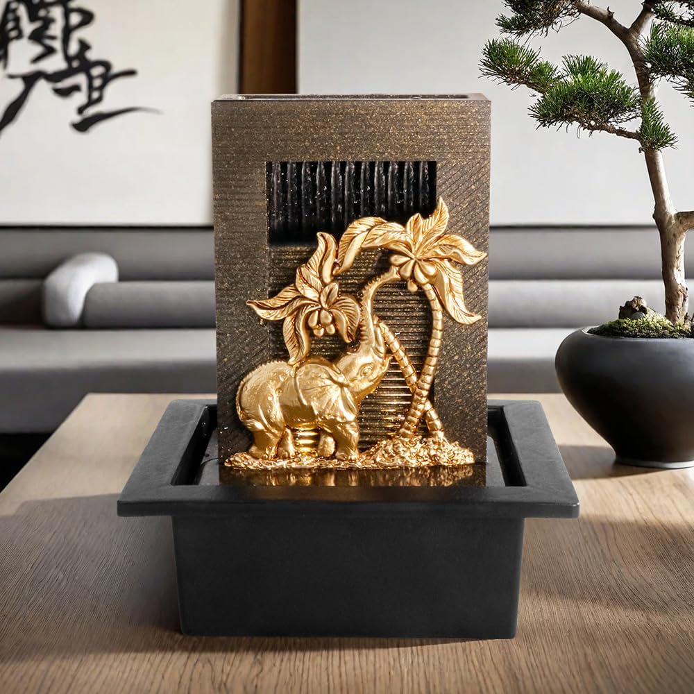 Elephant Themed Tabletop Fountain with Colorful Lights and Natural River Rocks