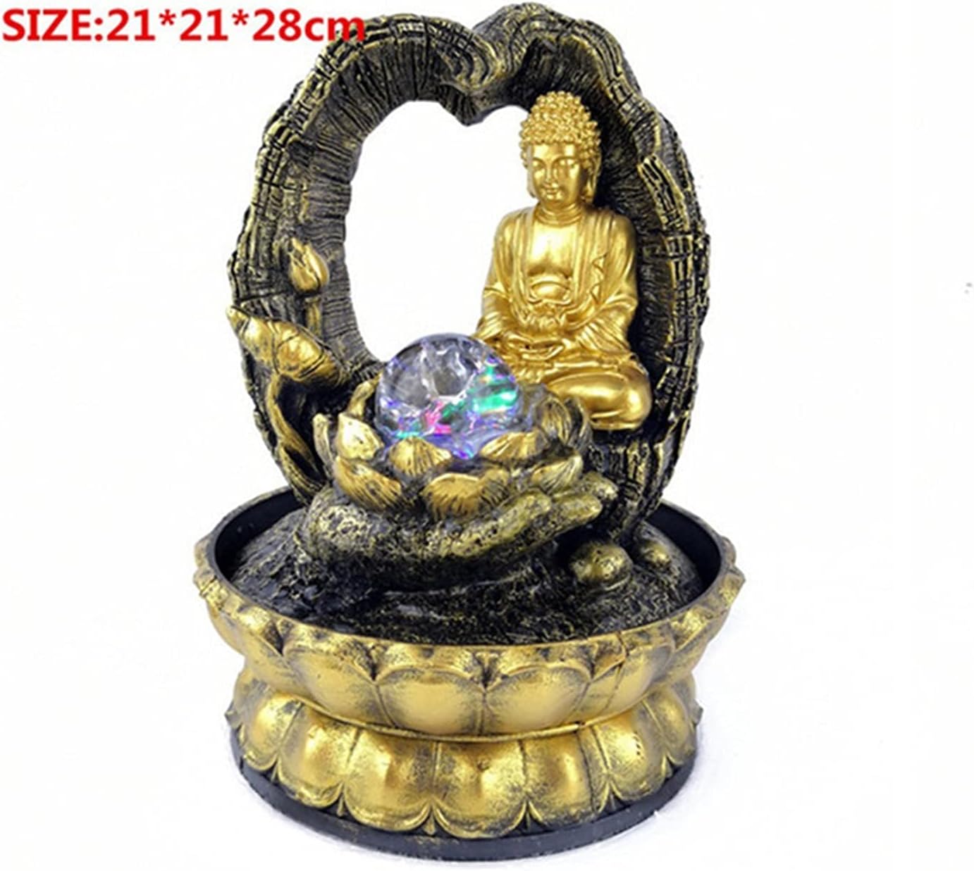 Golden Lotus Buddha Desktop Water Fountain with Glowing Ball
