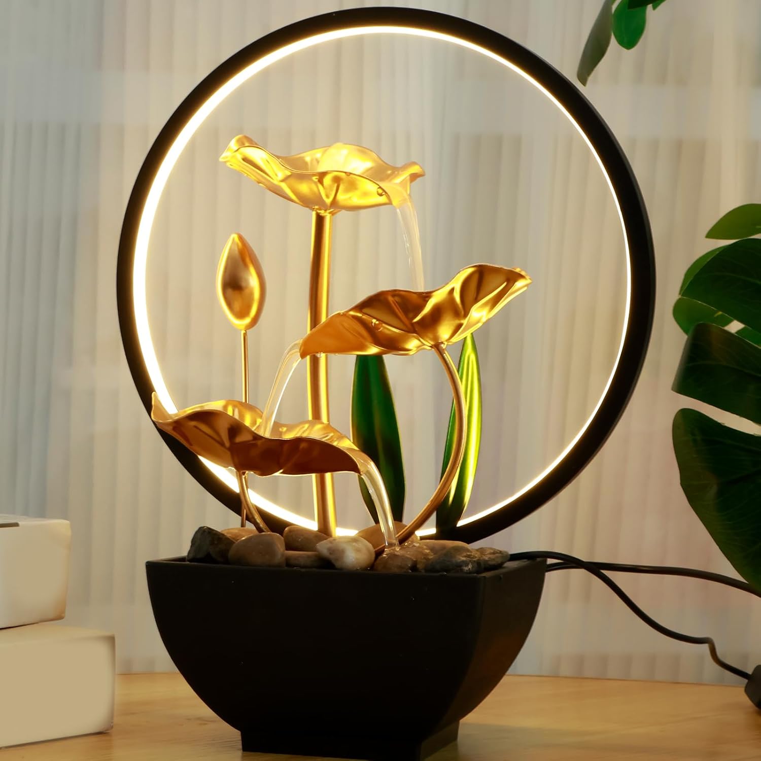 USB Powered Tabletop Water Fountain with LED Lights and Natural Rocks