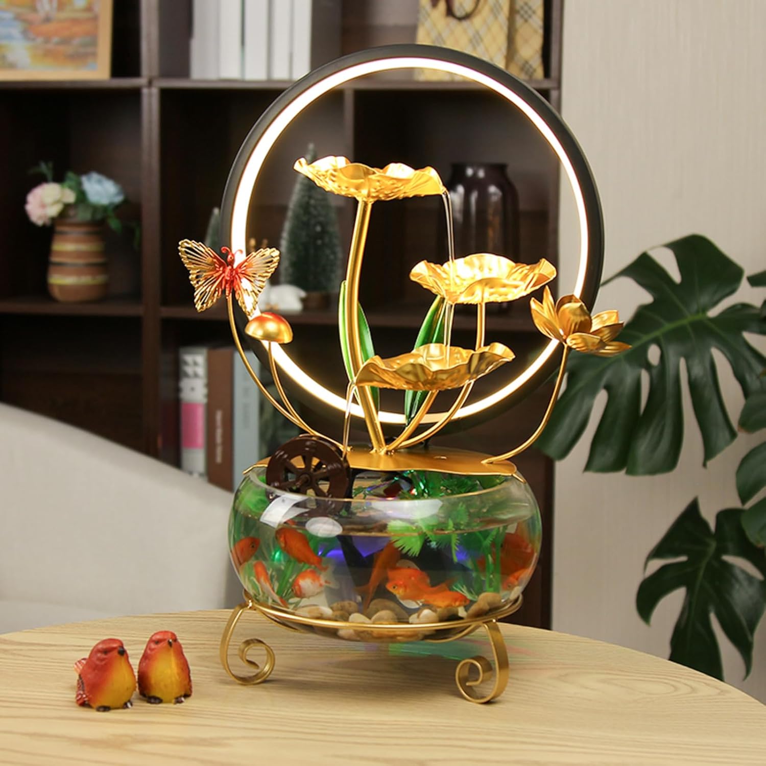 Modern Lotus Leaf Tabletop Fountain with LED Light and Decorative Butterfly