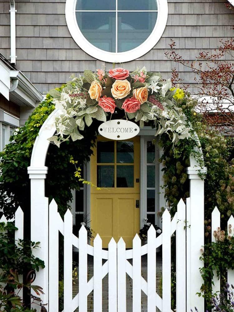 POTRUWE Orange Artificial Rose and Leaf Front Door Wreath