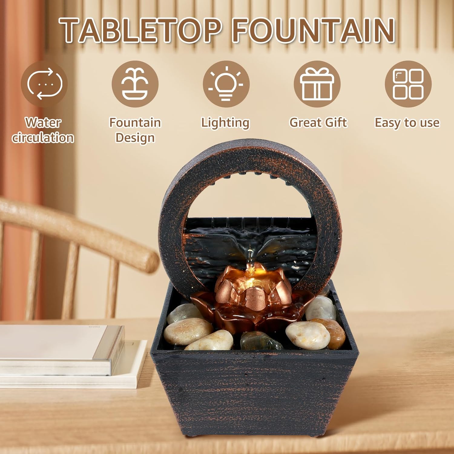 Tabletop Fountain with Light and Waterfall Sound for Relaxation and Meditation