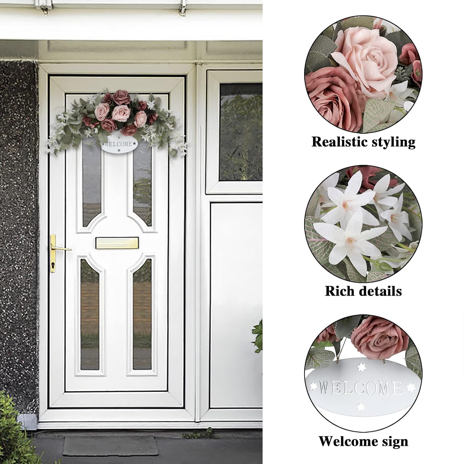 POTRUWE Orange Artificial Rose and Leaf Front Door Wreath