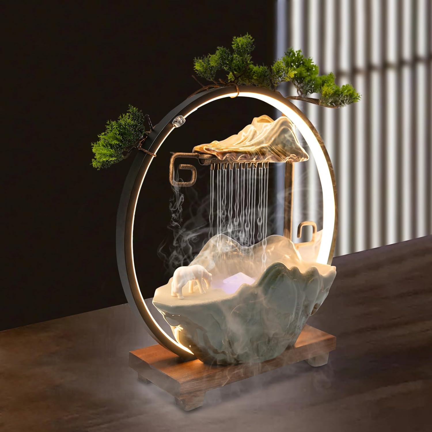 PROYONGOO Indoor Waterfall Fountain with LED Light and Artificial Plant