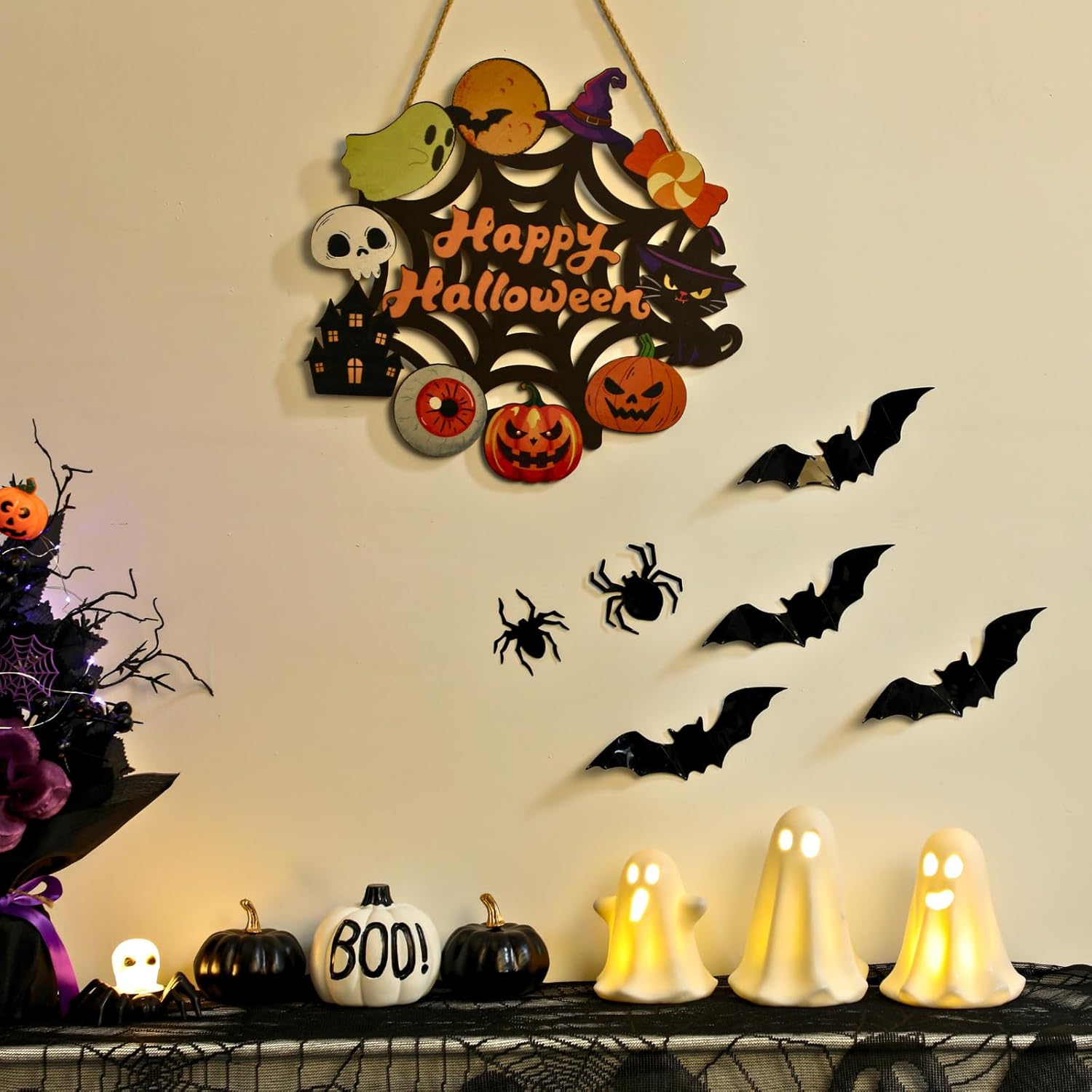 Halloween Wooden Wreath - Happy Halloween Door Sign Decor