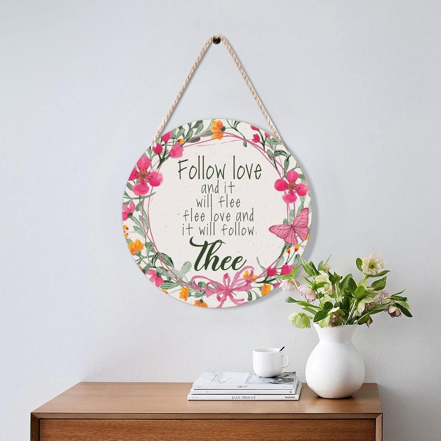 Farmhouse Front Door Hanger Vintage Floral Wreath Wood Sign