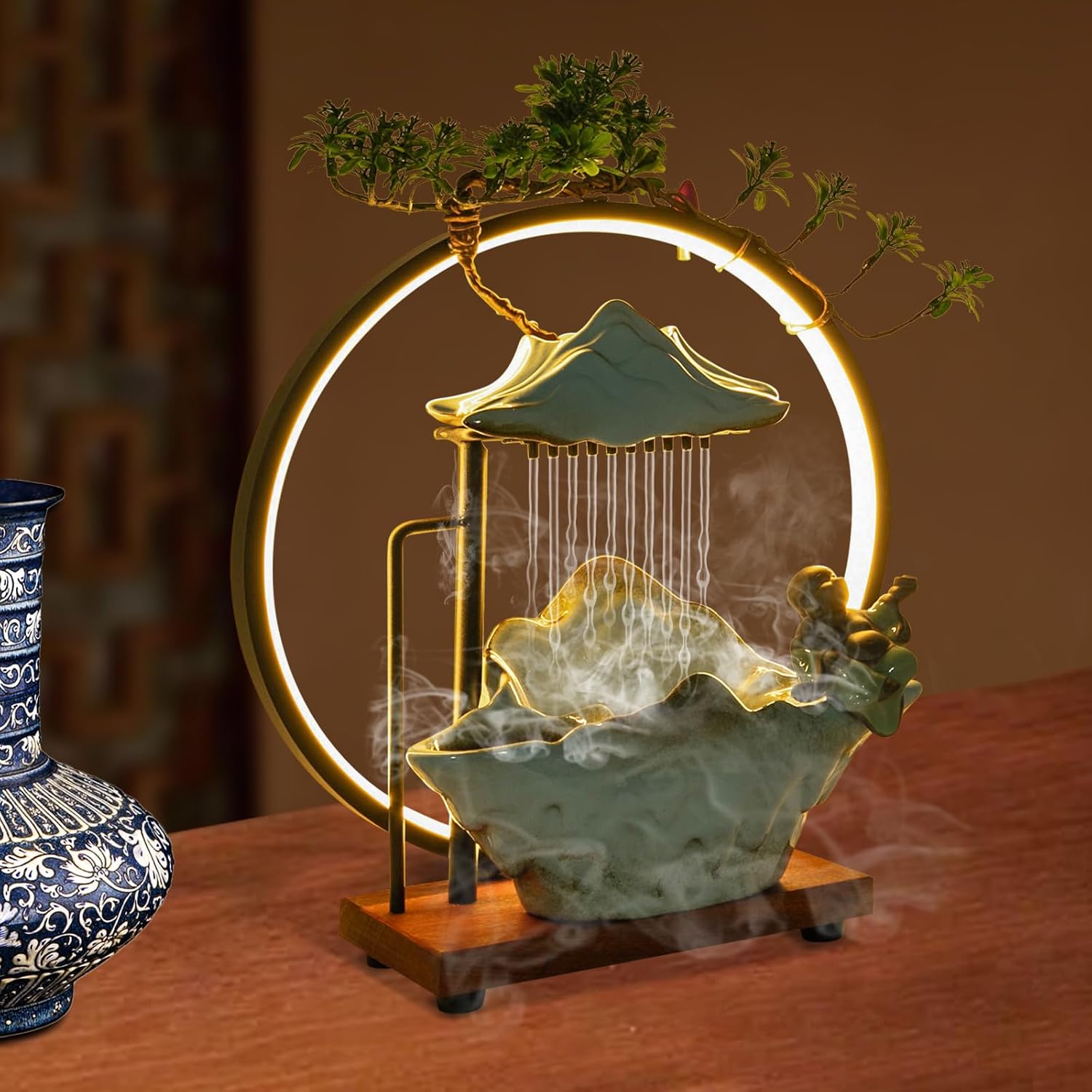 Indoor Tabletop Waterfall with LED Light and Artificial Plants