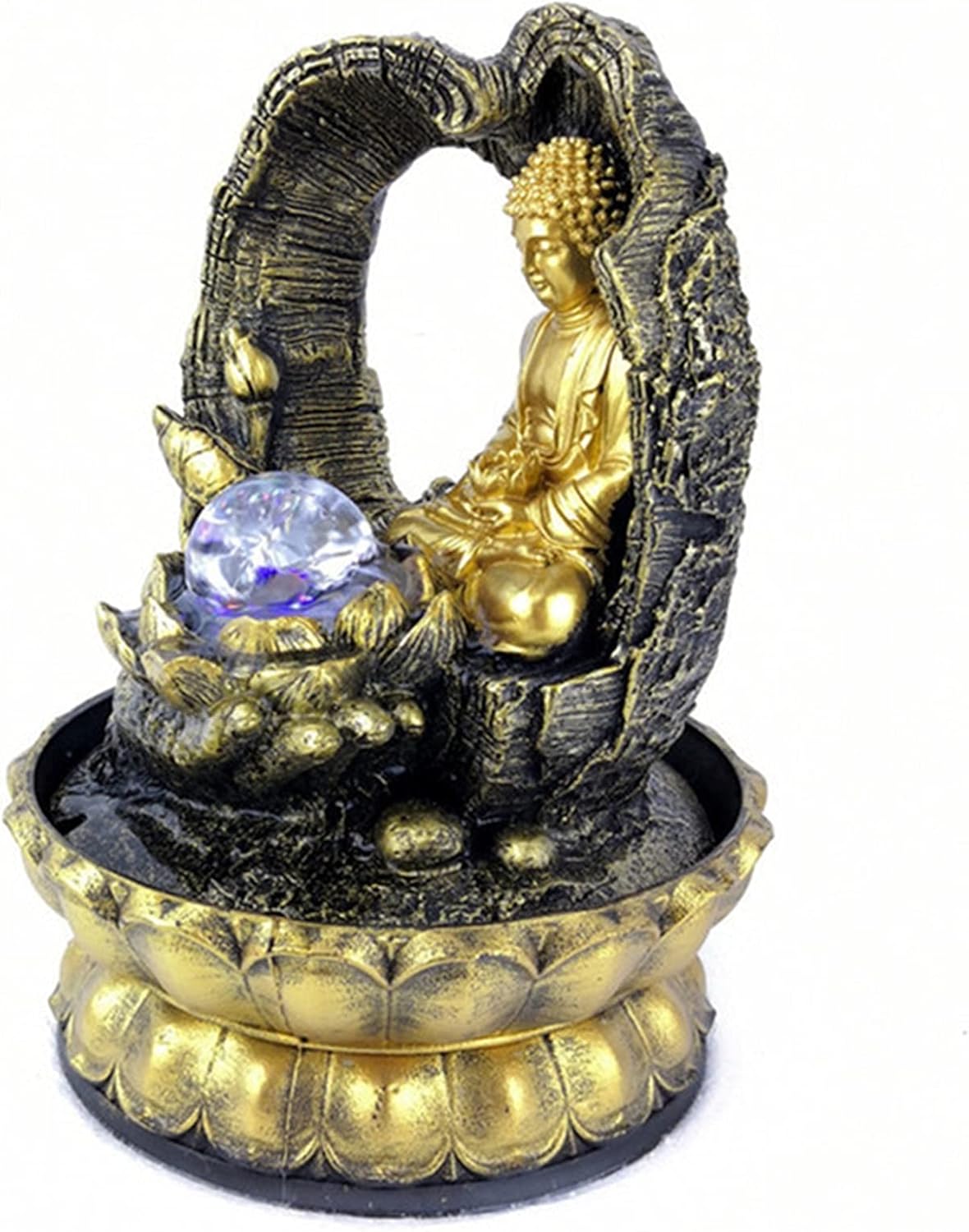 Golden Lotus Buddha Desktop Water Fountain with Glowing Ball