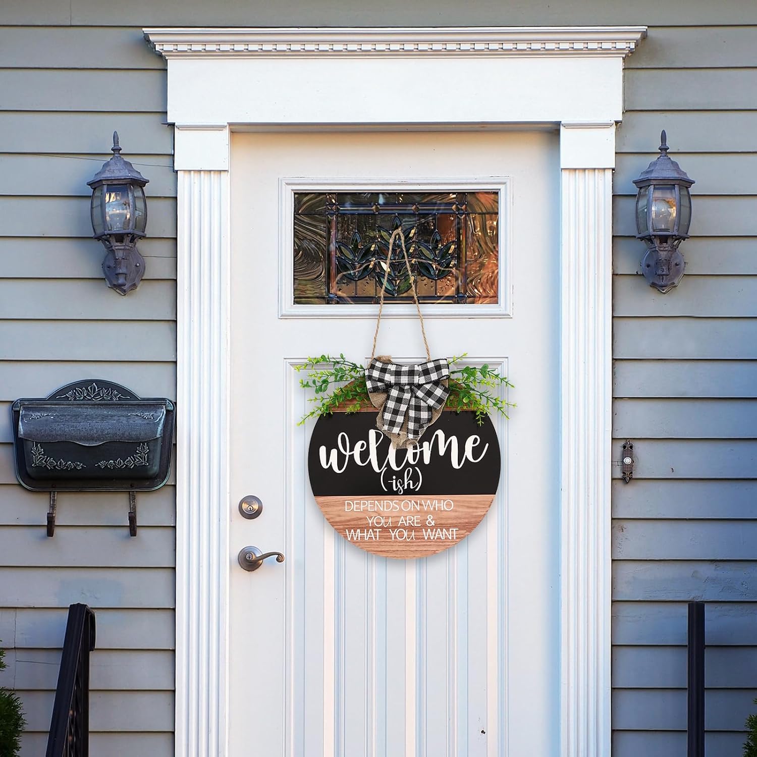 Front Door Decorations Welcome Wreaths with Green Plants and Plaid Ribbons