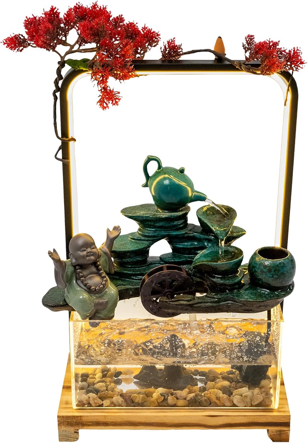 Tabletop Buddha Water Fountain with LED Light for Good Luck Wealth Decor