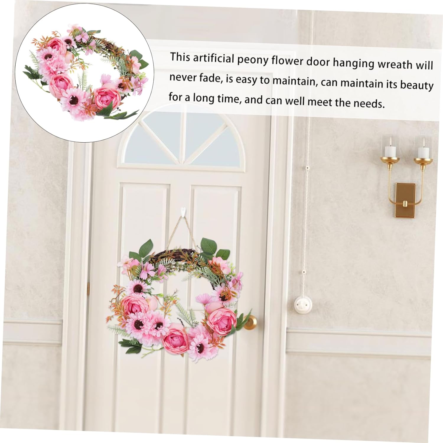 Realistic Peony Flower Wreath Door Decor Hanger Spring Garland Over Door Hanging Wreath