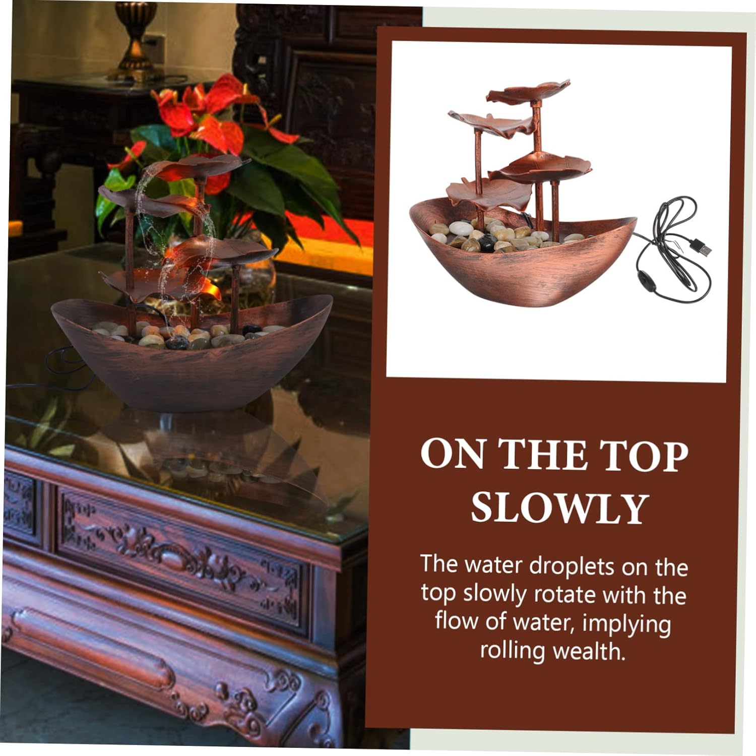 Luxshiny Waterfall Decor Tabletop Fountain with LED Light