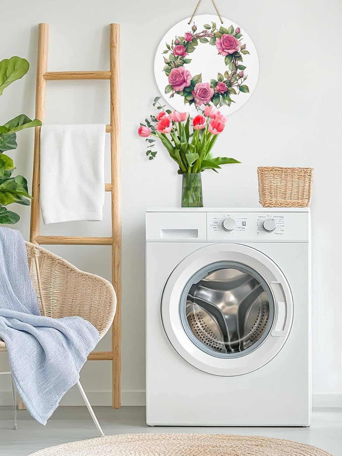 Welcome Sign with Red Rose Wreath Door Decor 10 Inch