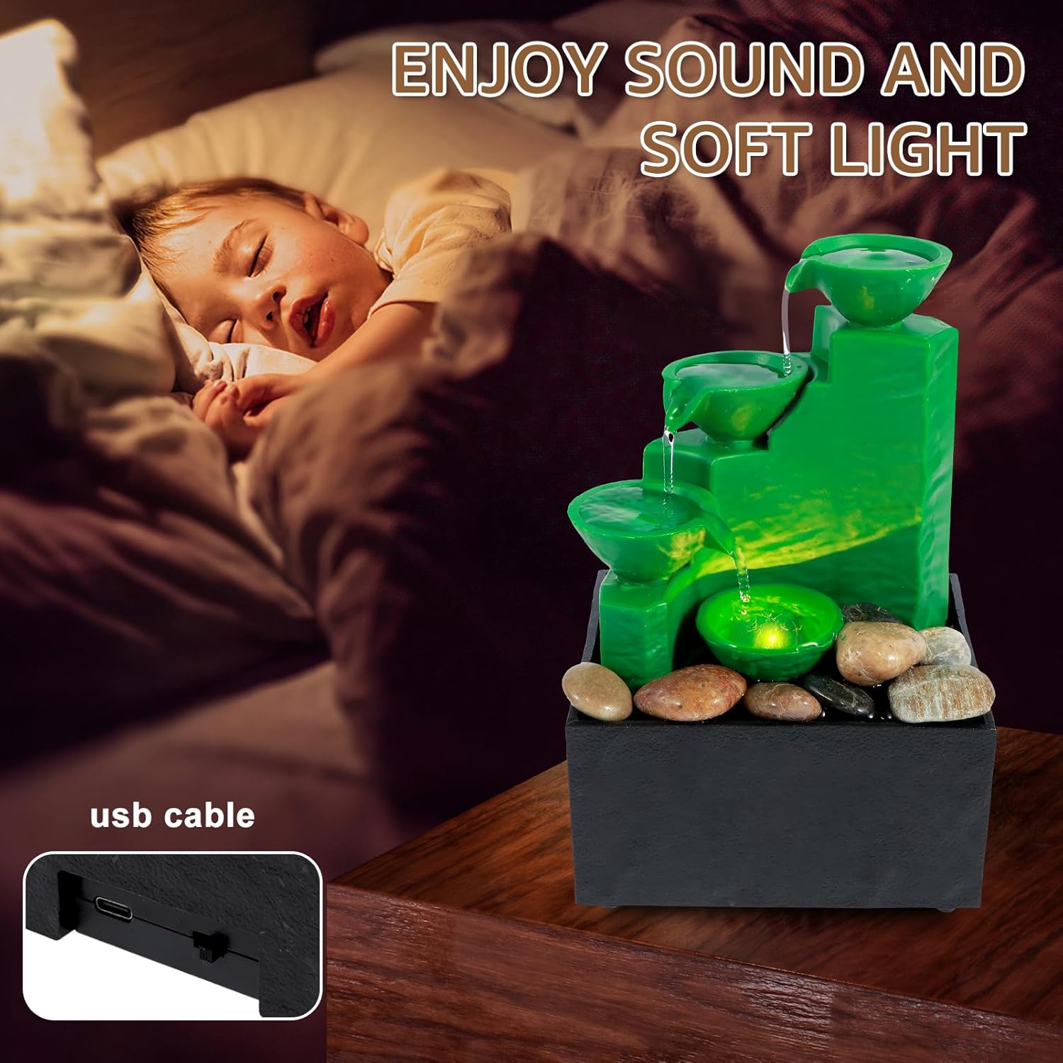 Emerald Green Tabletop Fountain with Light and Sound