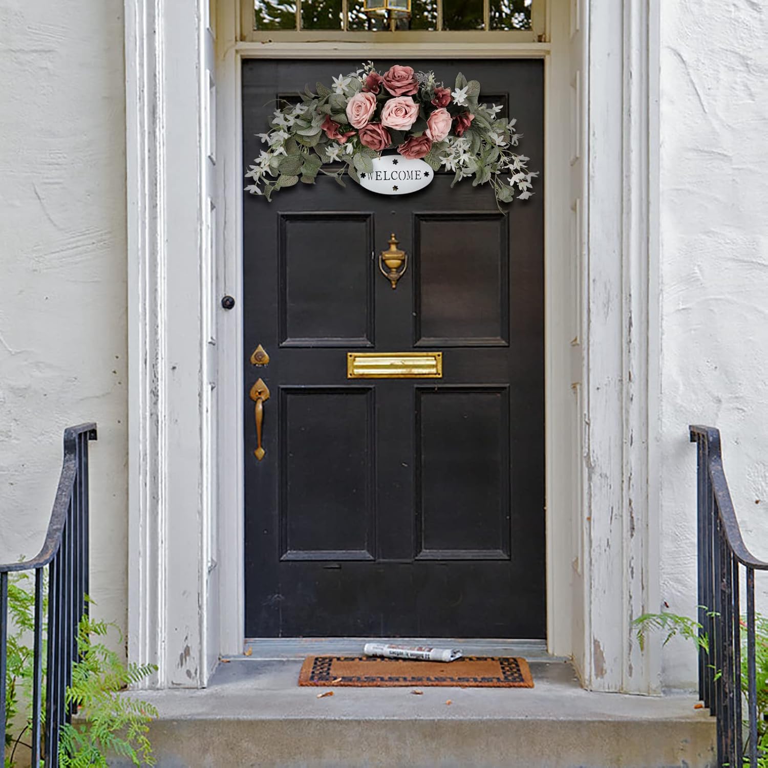 POTRUWE Orange Artificial Rose and Leaf Front Door Wreath