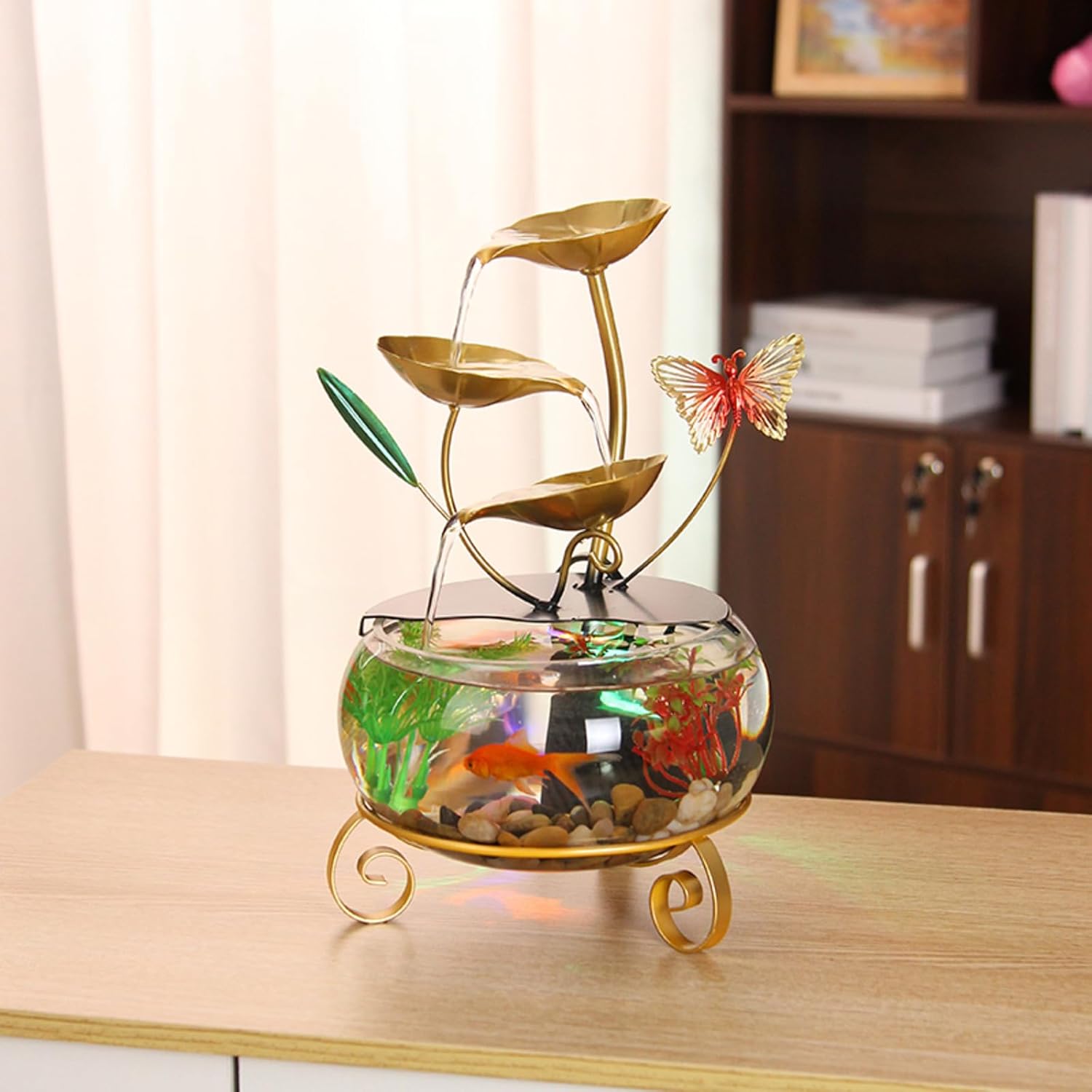 Modern Gold Indoor Water Fountain with Butterfly and Aquatic Plants 1