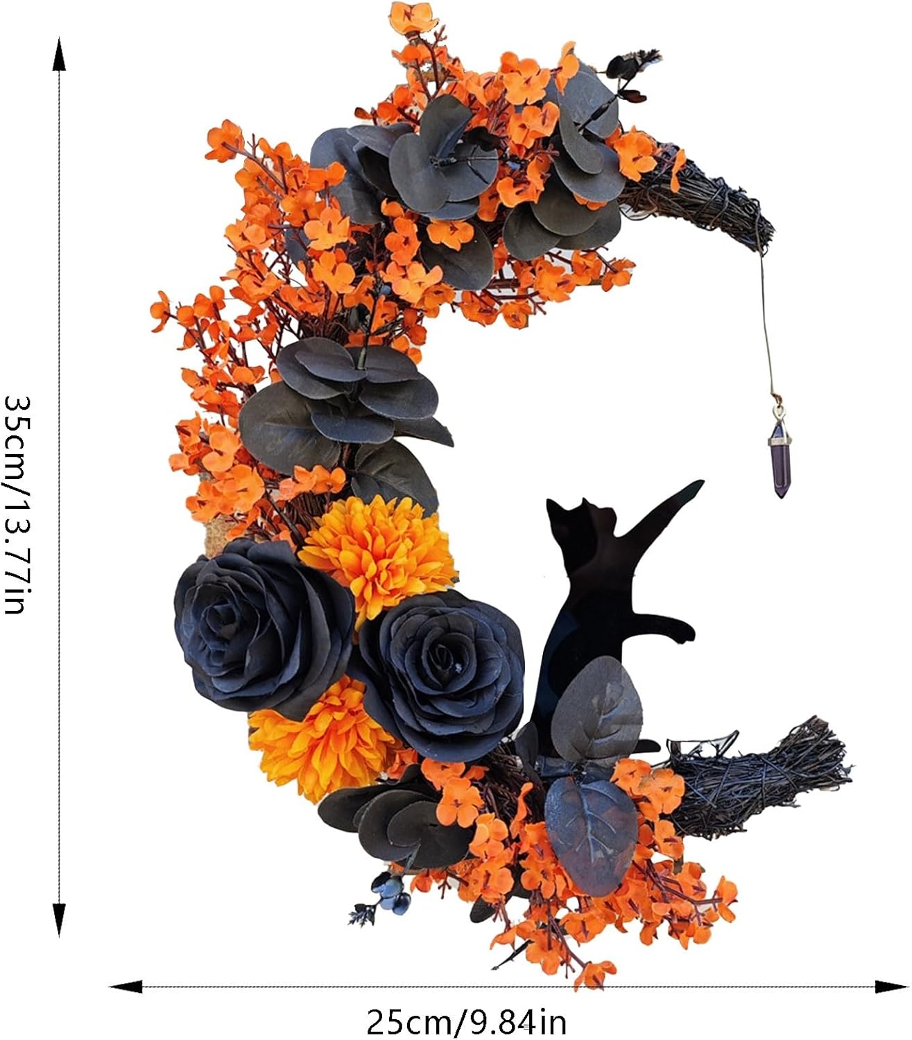 Halloween Wreath with Black Cat and Crescent Moon Design
