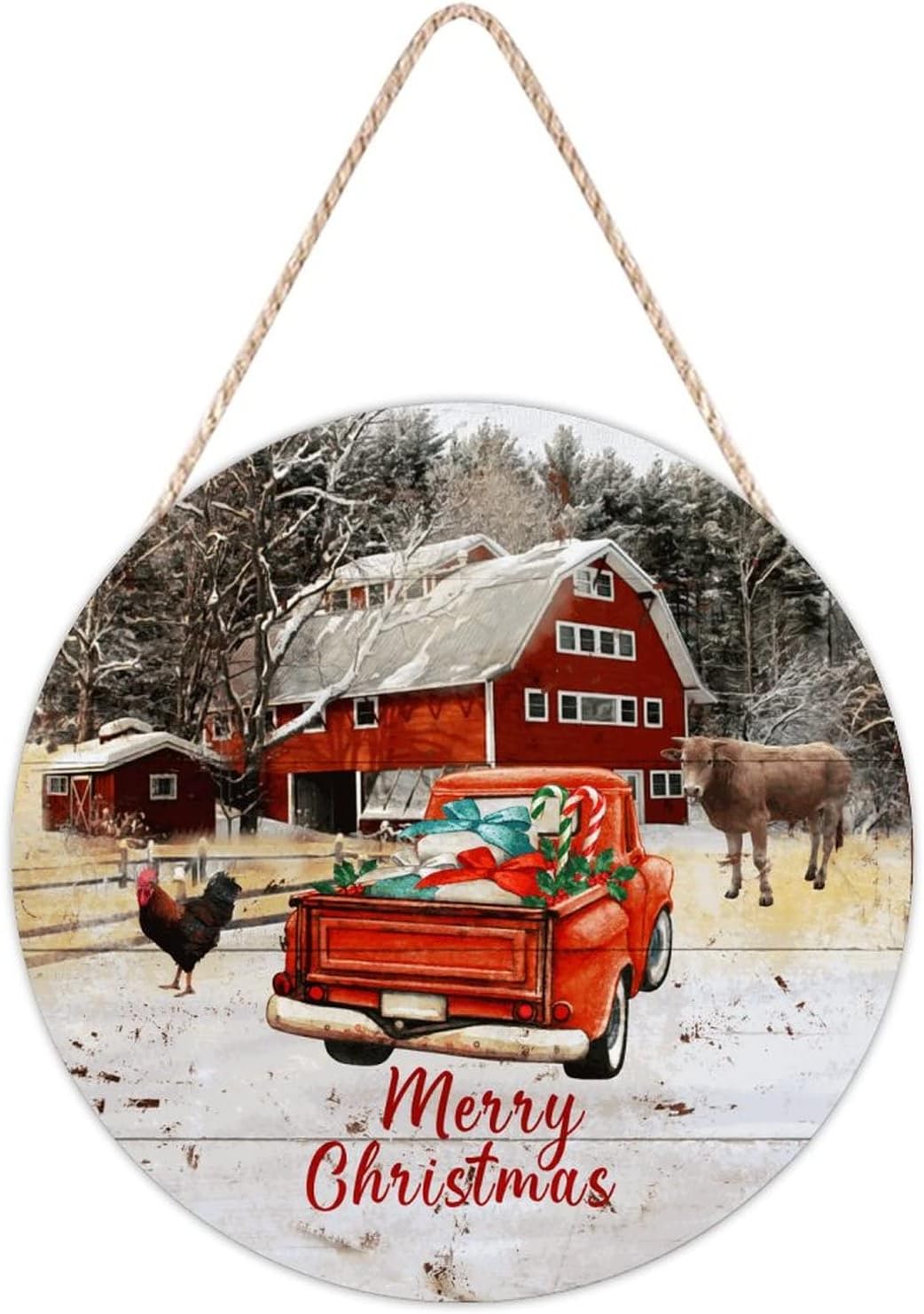 Farmhouse Front Door Hanger with Christmas Animals and Tree