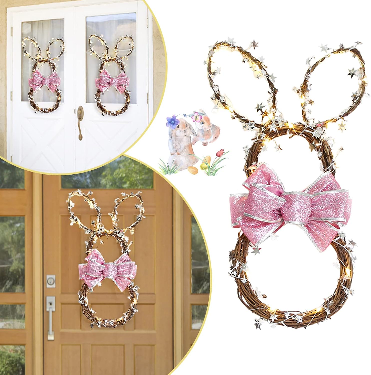Cakina Foldable Rattan Rabbit Wreath Hanger with LED Light