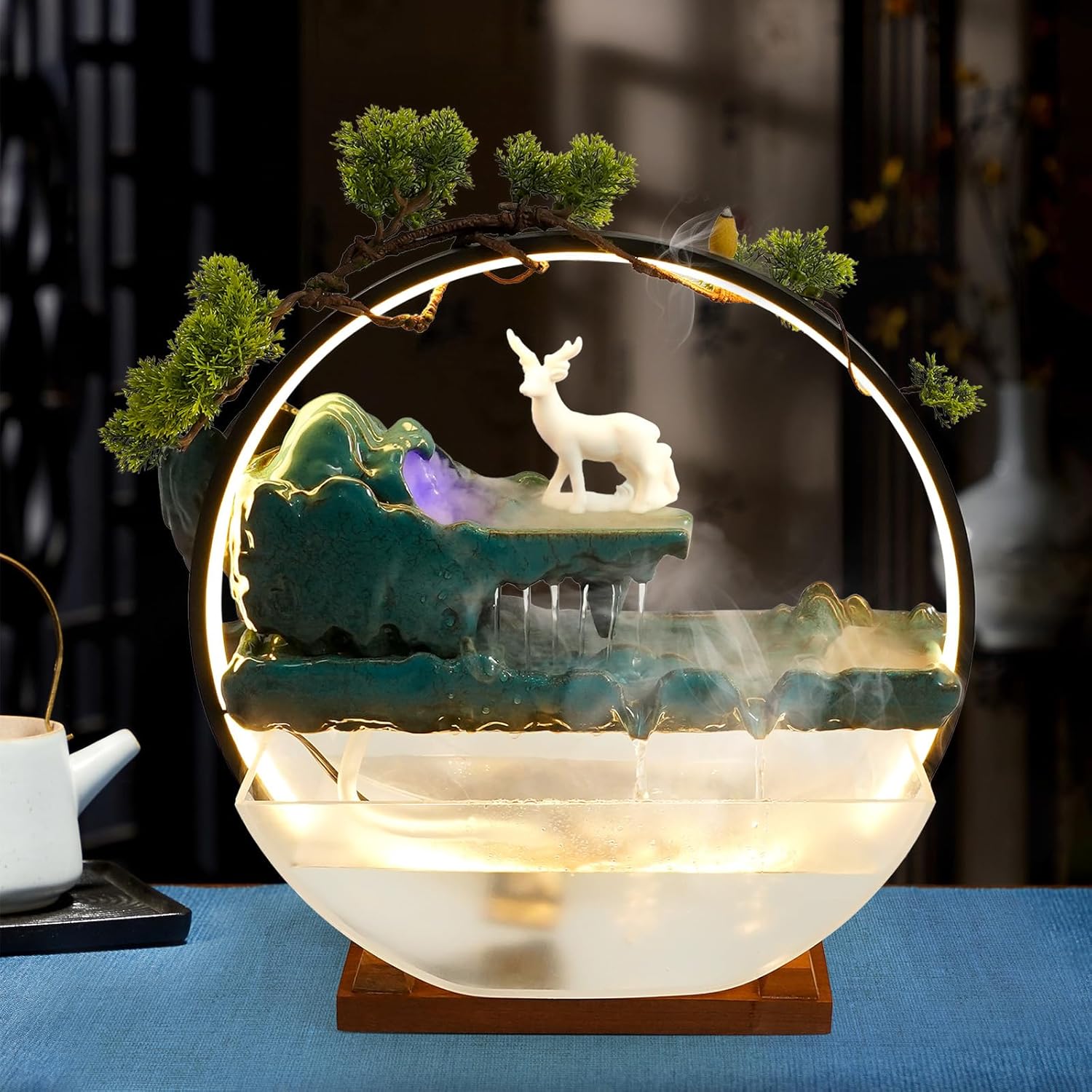 Indoor Ceramic Water Fountain with Mist LED Light and Atomization Effect