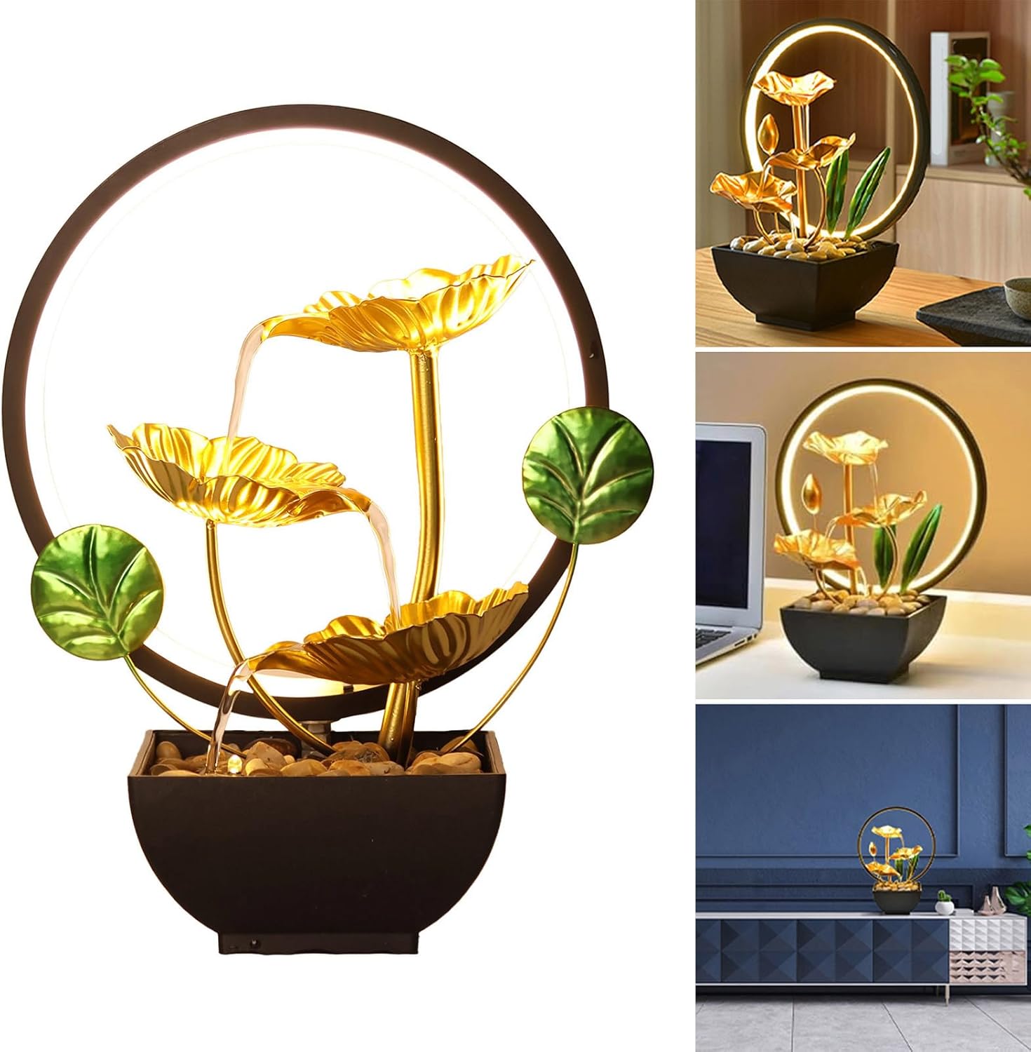 Elegant 3 Tiered Indoor Tabletop Fountain with LED Light and Natural Stones