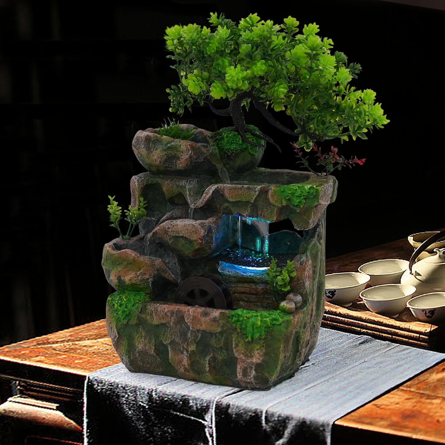Tabletop Water Fountain with LED Light and Artificial Tree