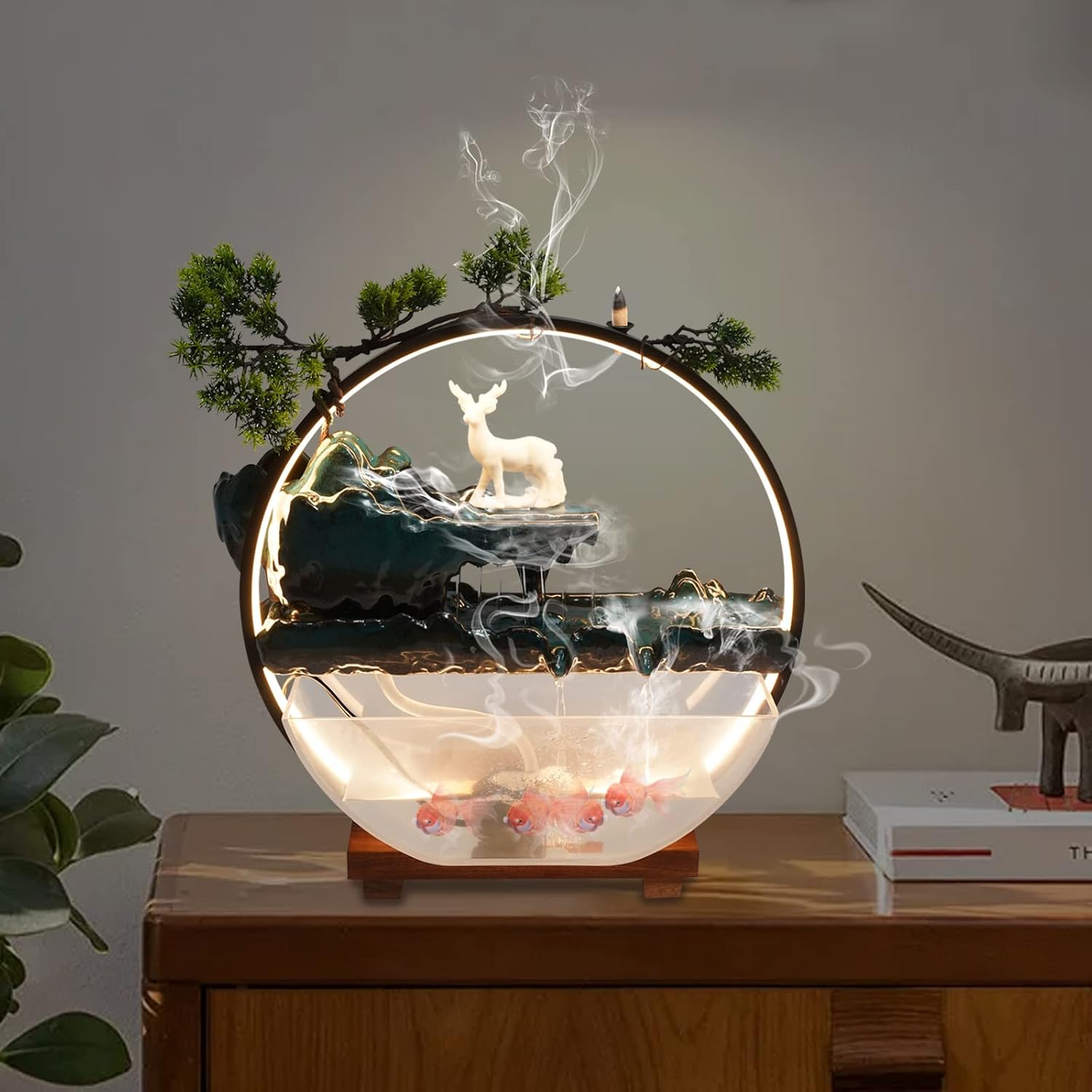 Tabletop Fountain with LED Light Loop Deer and Fish Decor