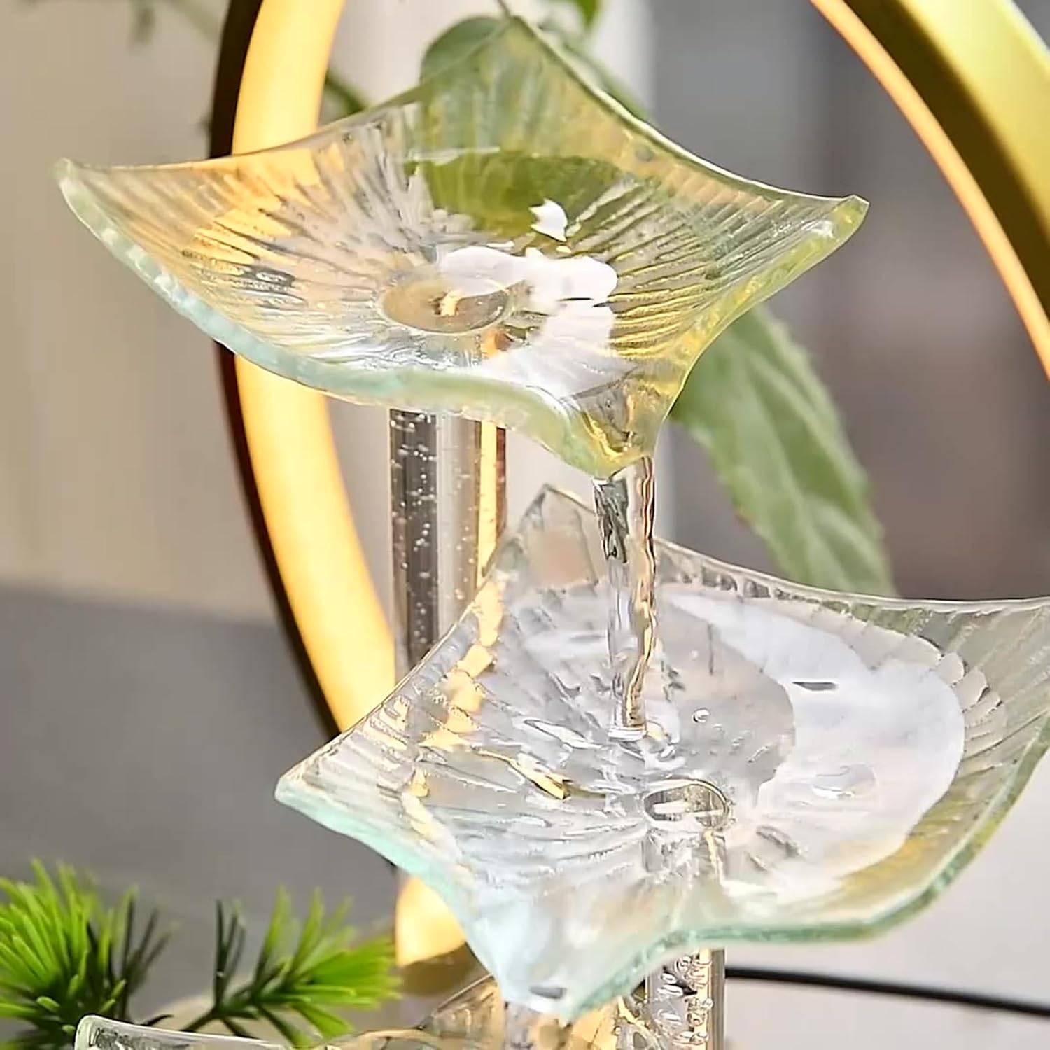 3 Layer Tabletop Waterfall Fountain with Glass Lotus Leaf