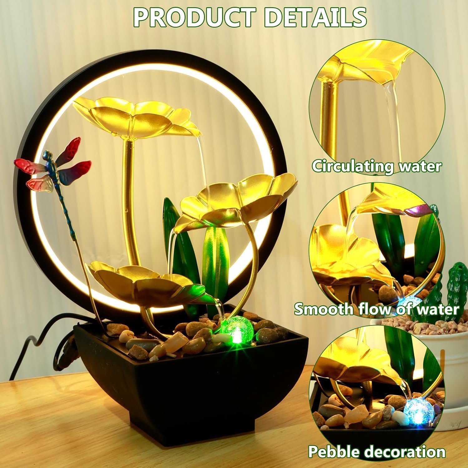 Huniruyo Tabletop Water Fountain with LED Ring Light