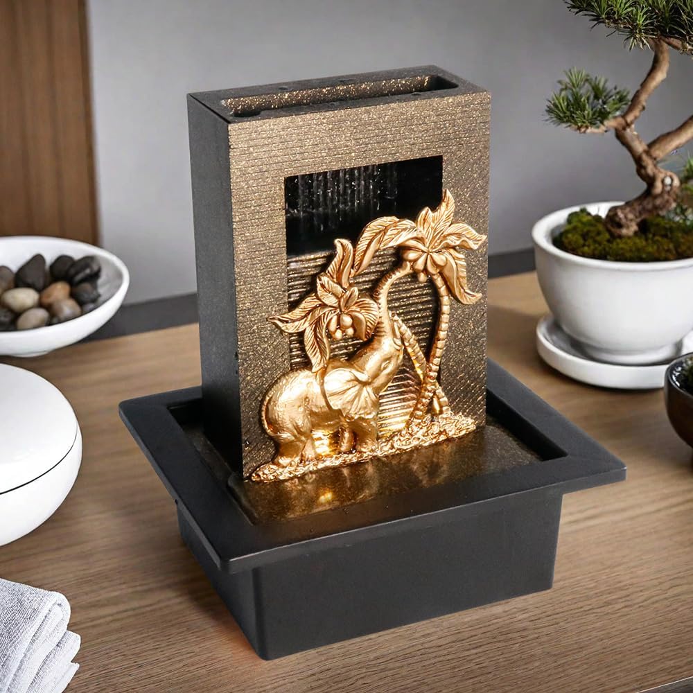 Elephant Themed Tabletop Fountain with Colorful Lights and Natural River Rocks