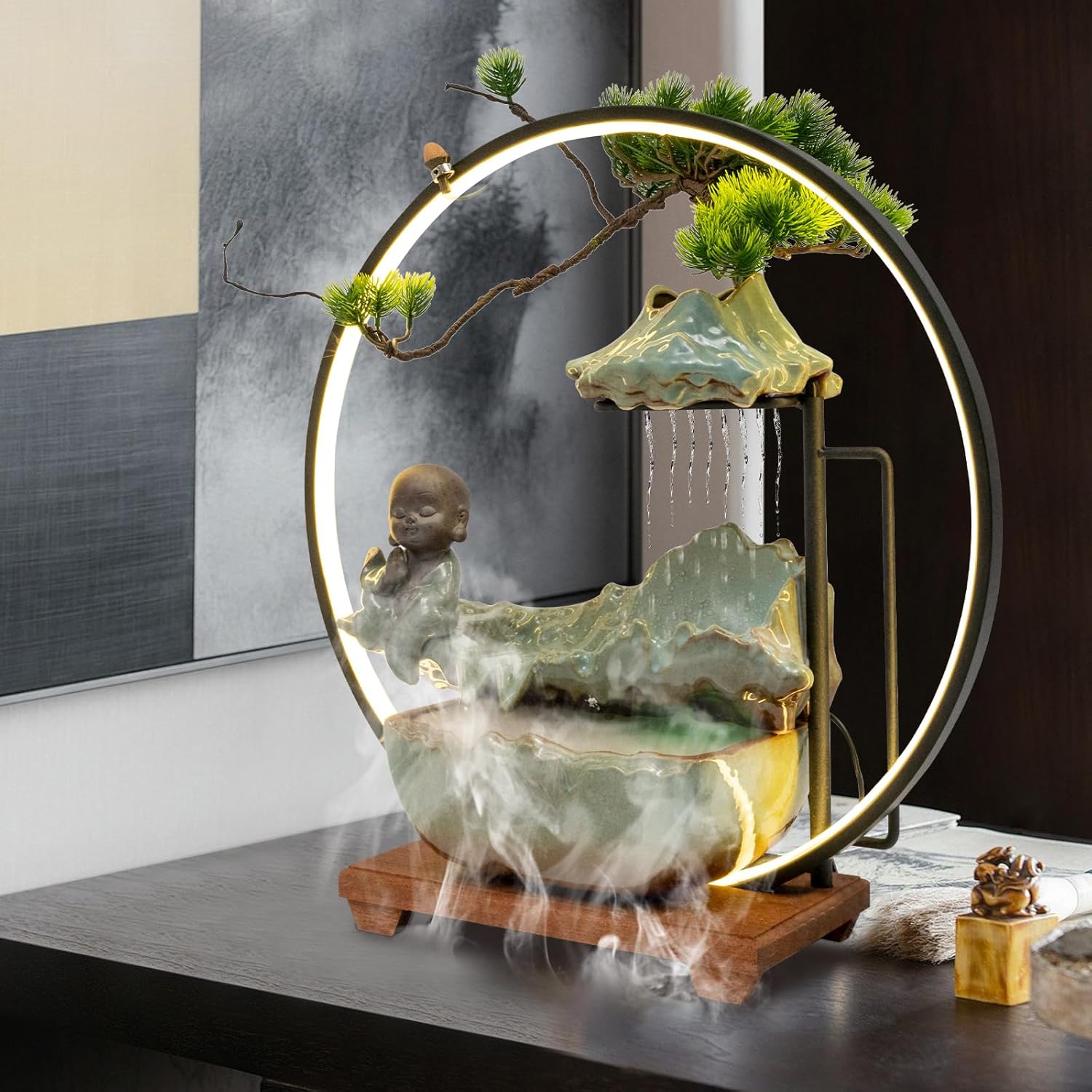 Yiyibyus Tabletop Buddha Water Fountain with LED Light and Zen Decor