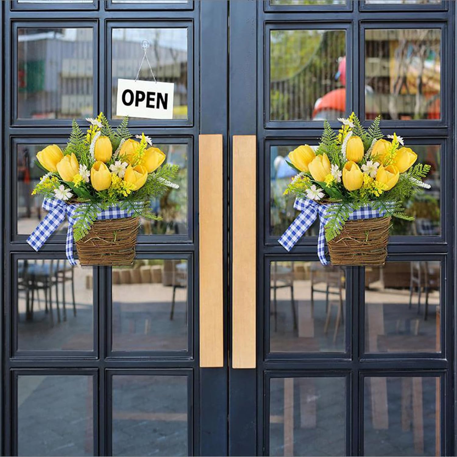 Yellow Tulips Door Wreath with Blue Plaid Bow