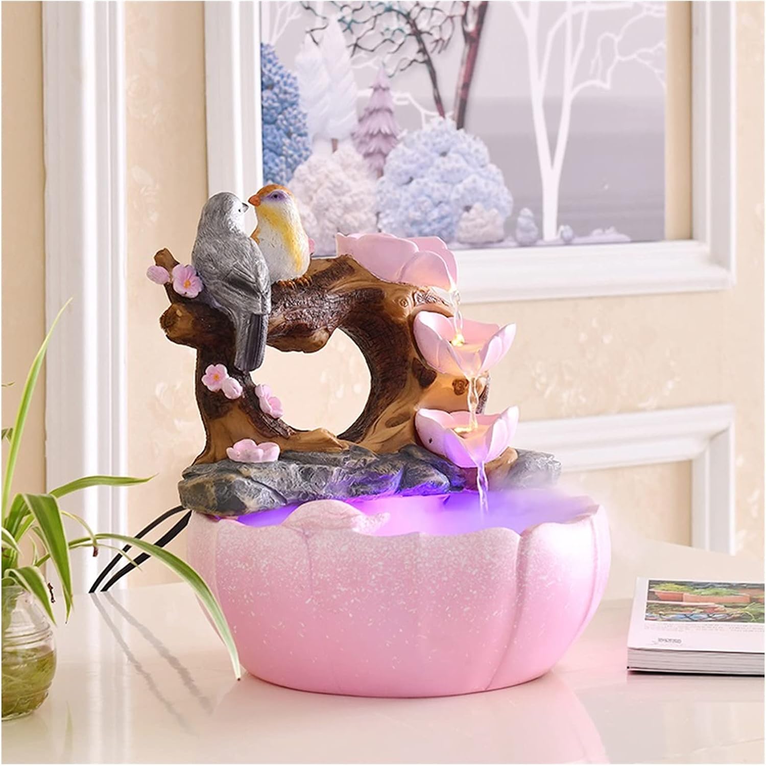 Grey Resin Tabletop Water Fountain with LED Light 10 Inch