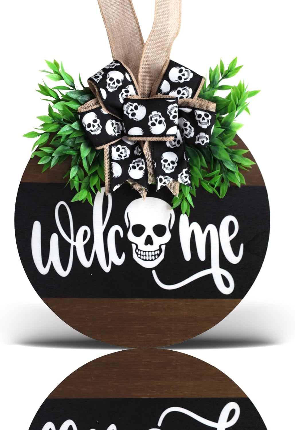 Halloween Wooden Welcome Sign with Spooky Skull and Bow