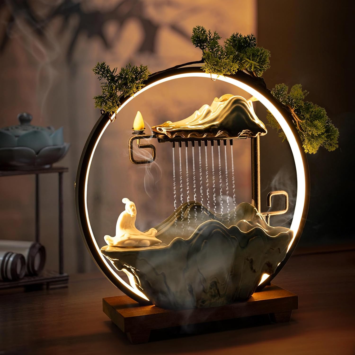 Indoor Tabletop Fountain with People Statue and LED Light