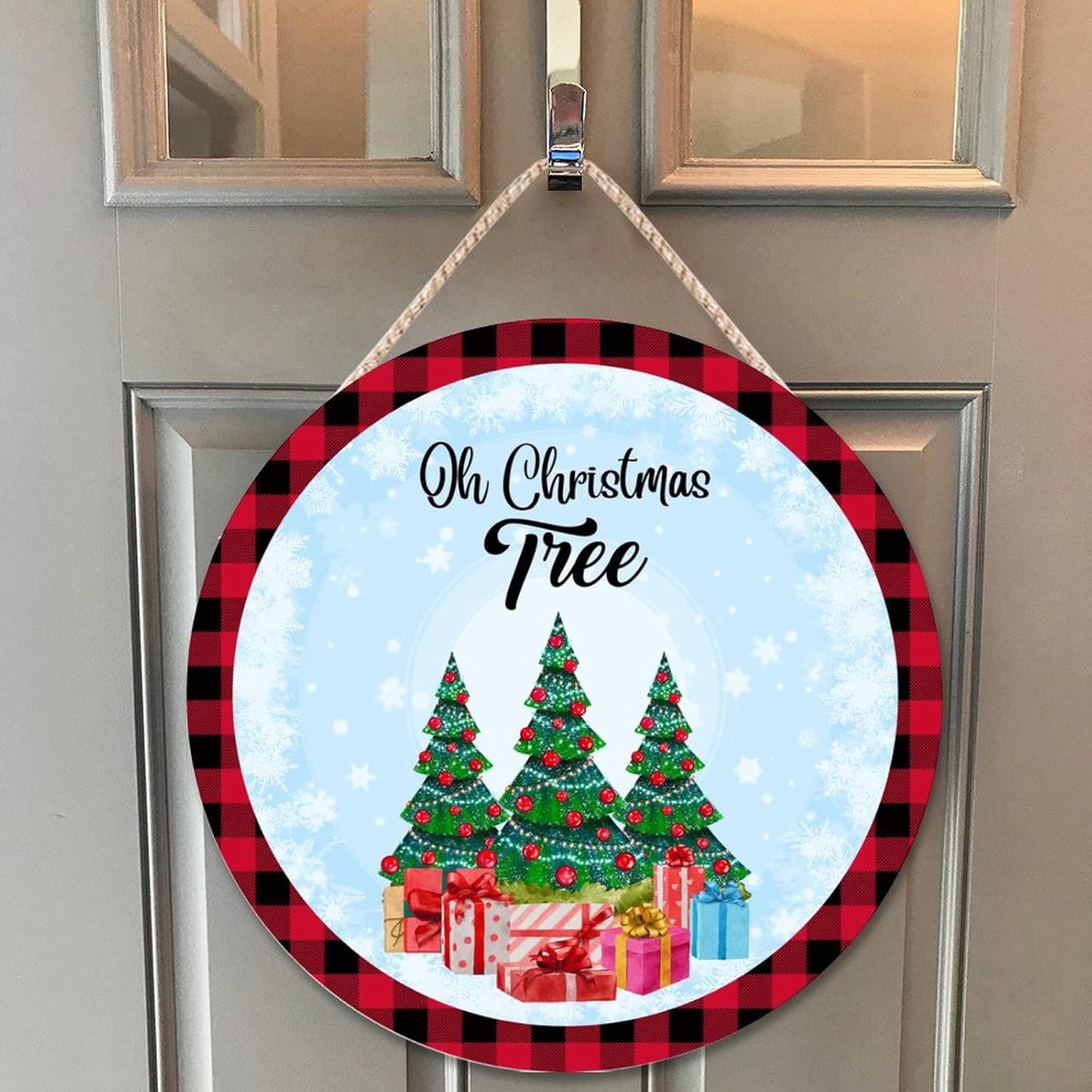 Farmhouse Door Hanger 12x12in Wood Sign Snowflake Christmas Tree
