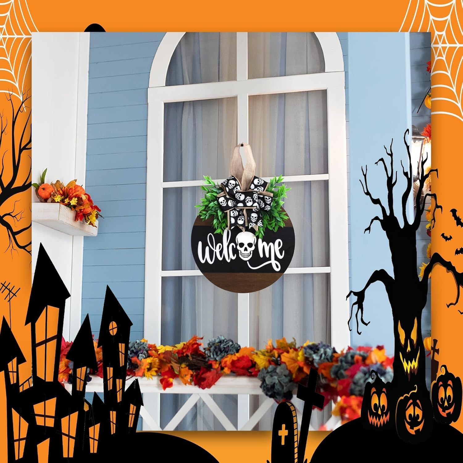 Halloween Wooden Welcome Sign with Spooky Skull and Bow
