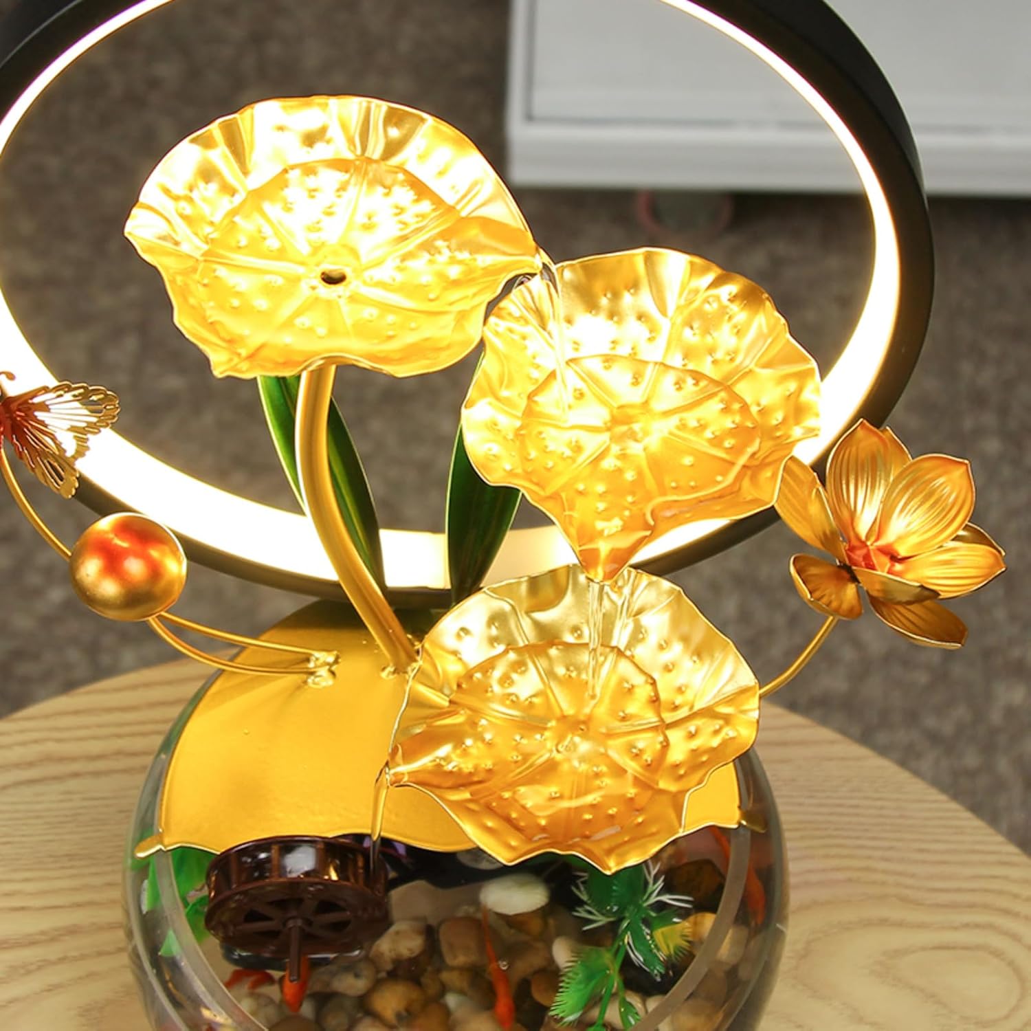 Modern Lotus Leaf Tabletop Fountain with LED Light and Decorative Butterfly