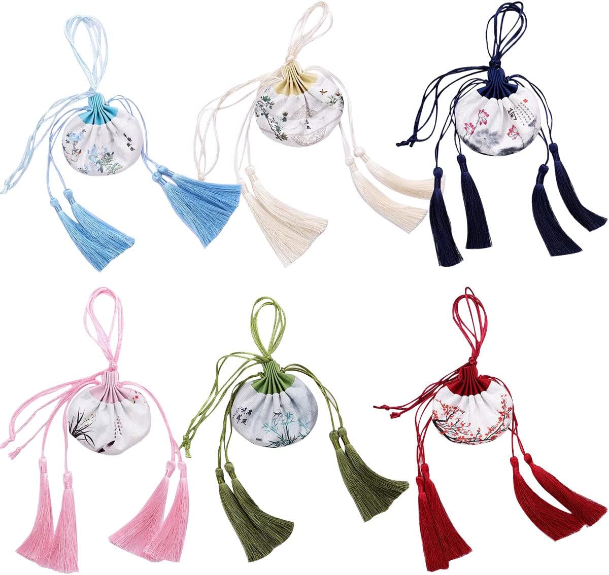 6 Pcs Chinese Silk Brocade Coin Bags with Drawstring Pouches