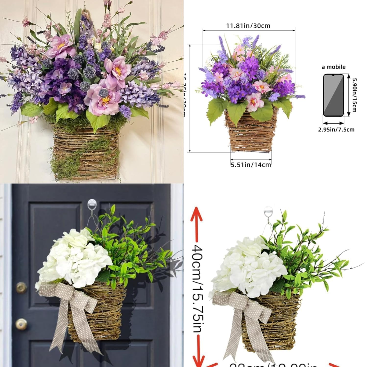 Cream Hydrangea Door Wreath with Rattan Basket 1