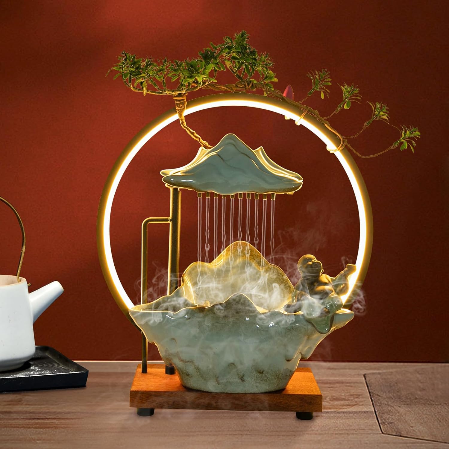 Indoor Tabletop Waterfall with LED Light and Artificial Plants